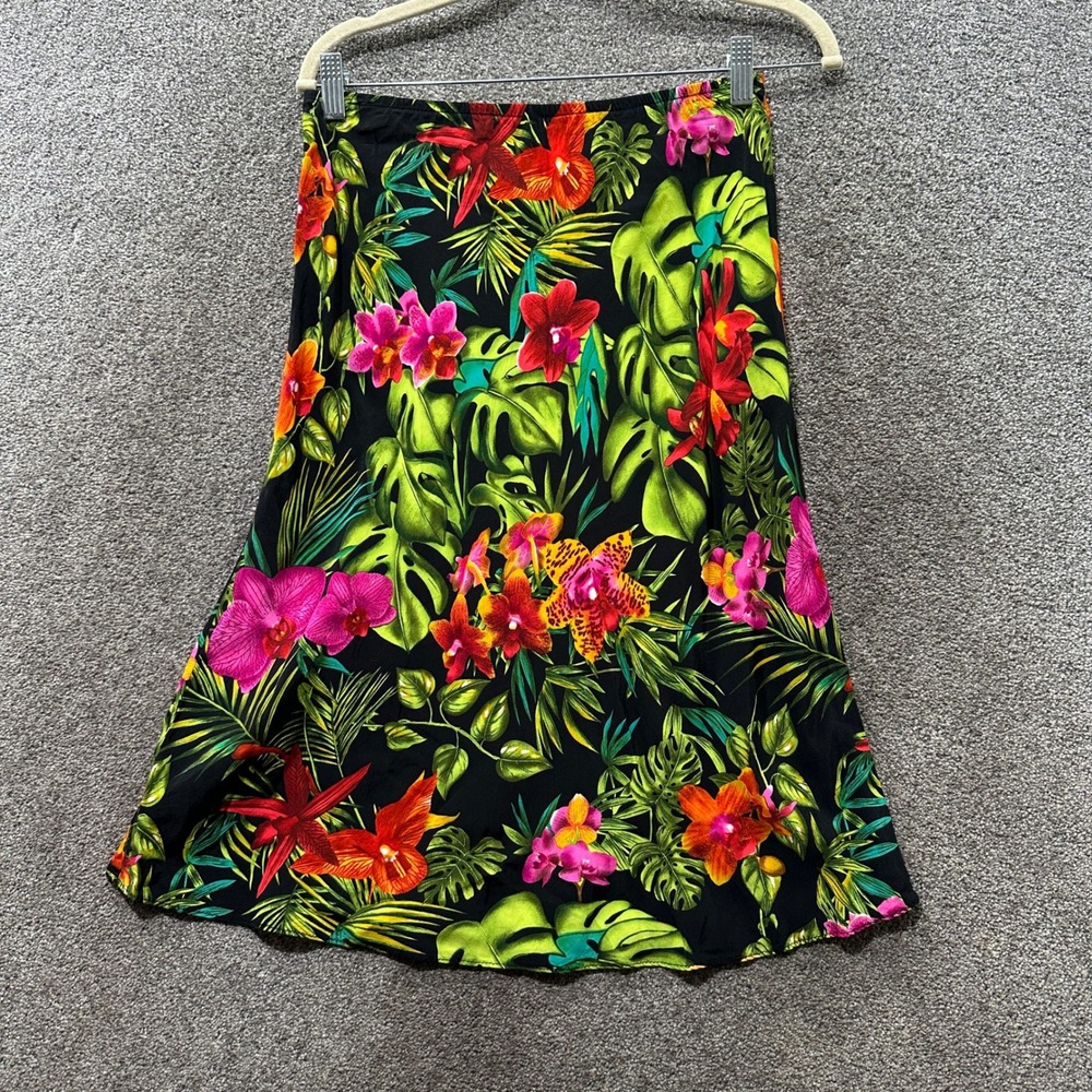 VTG Clio Midi Skirt Medium Tropical Floral Rayon Hawaiian Tiki Cruise Resort - Picture 2 of 7